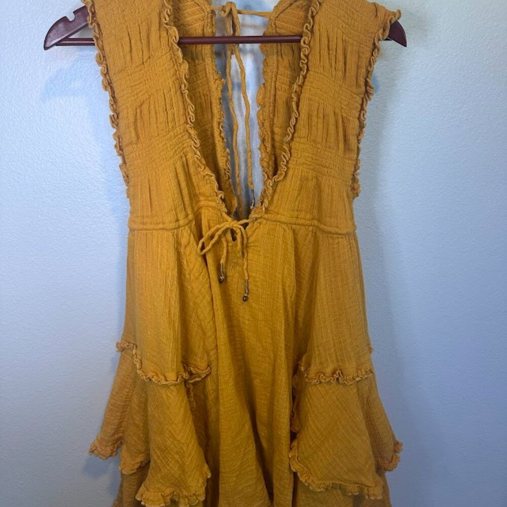 Free People Antoinette 100% Cotton Yellow Boho Mini Dress - Size SP